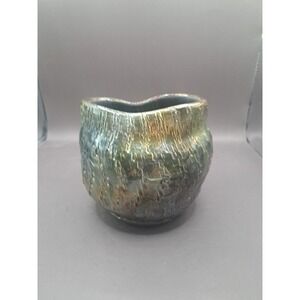 Raku Earth Tone Irradescent Glazed Textured Speckled Pinched Vase Artist Signed